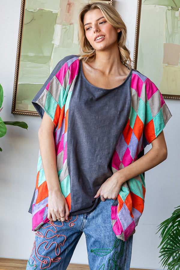 WASHED MULTICOLOR GEO PATCHWORK OVERSIZED TOP