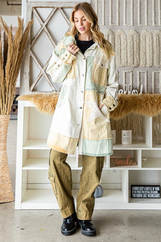 WASHED STAR PATCHWORK MIXED PLAID HOODED SHACKET