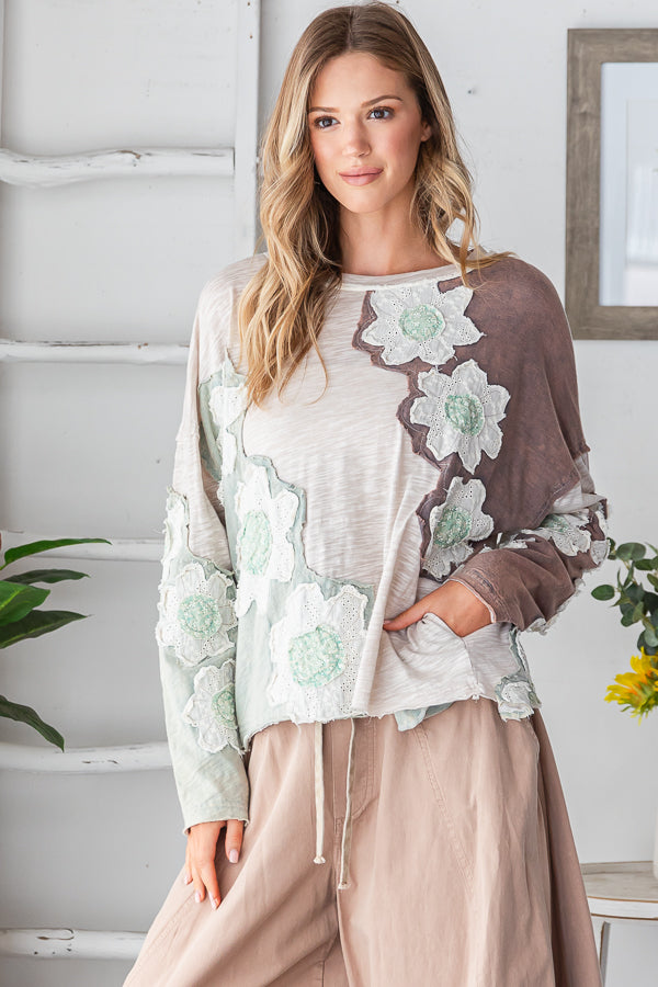 WASHED EYELET PATCHWORK LONG SLEEVE KNIT TOP