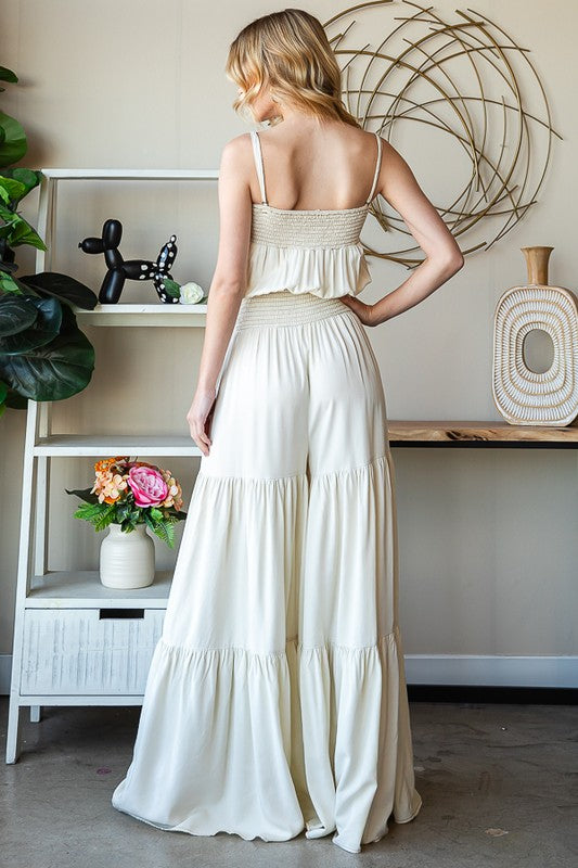 WASHED TIERED SMOCKED WAIST WIDE LEG JUMPSUIT