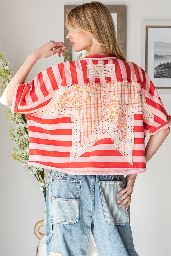 STAR PATCHWORK STRIPED SHORT SLEEVE TOP