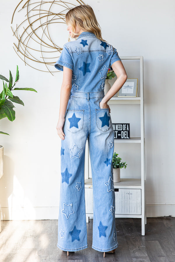 WASHED STAR PRINTED DENIM JUMPSUIT