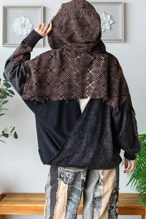 WASHED BACK TWIST DETAIL HOODED ZIP UP JACKET