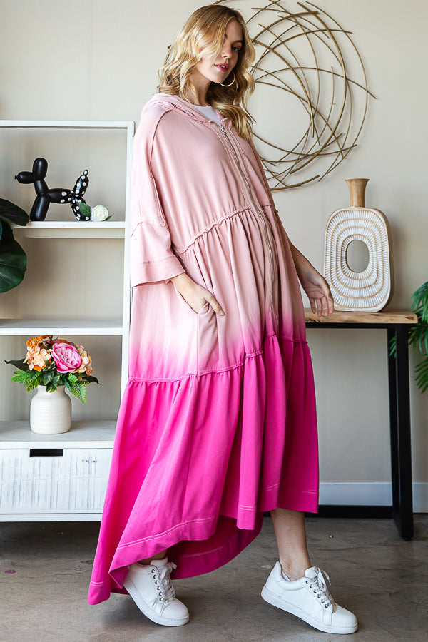 DIP DYE SHORT SLEEVE HOODED ZIP UP LONG CARDIGAN