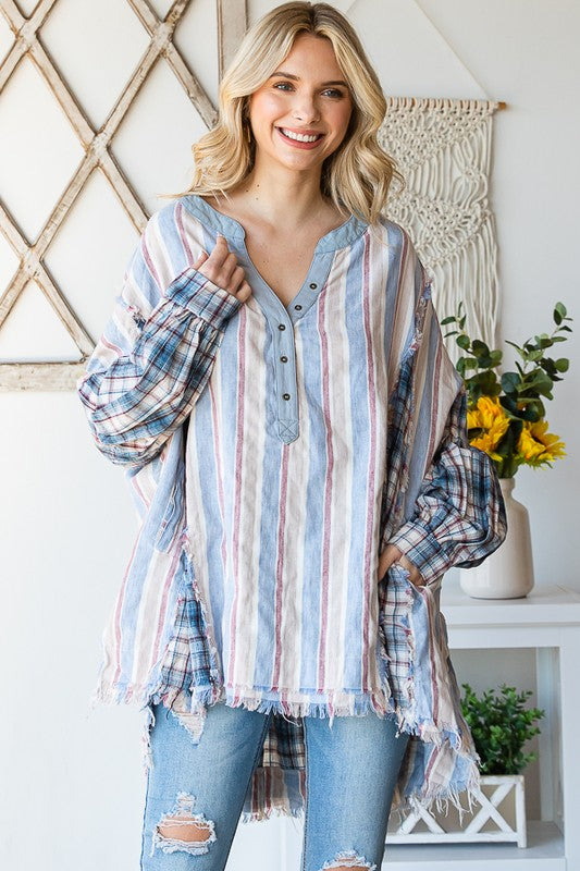 WASHED HENLEY V NECK MIX MEDIA PLAID SHIRT