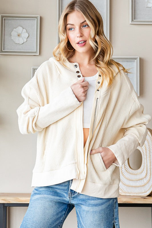 MINERAL WASHED HOODED ZIP FRONT WAFFLE JACKET