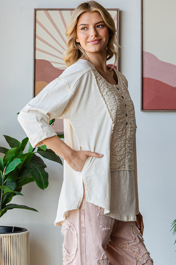 SMOCKED FRONT HENLEY NECK OVERSIZED TOP