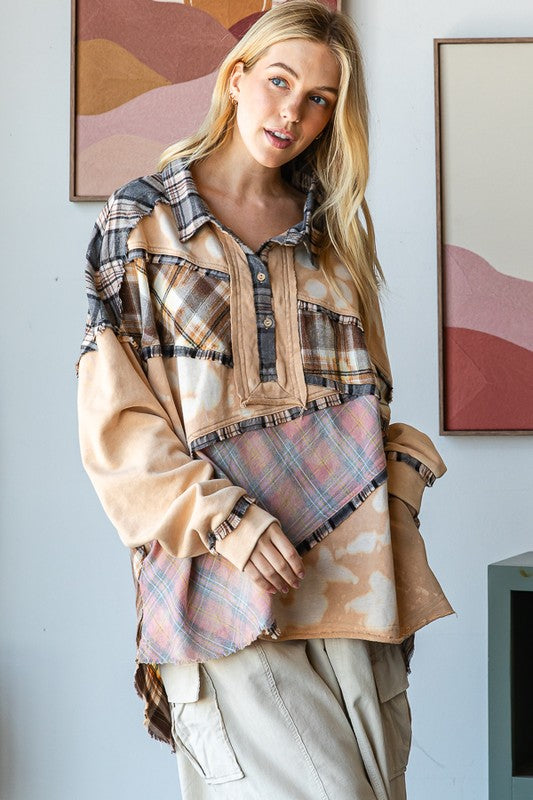 BLEACH DETAIL BUTTON PLACKET MIX MEDIA SHIRT