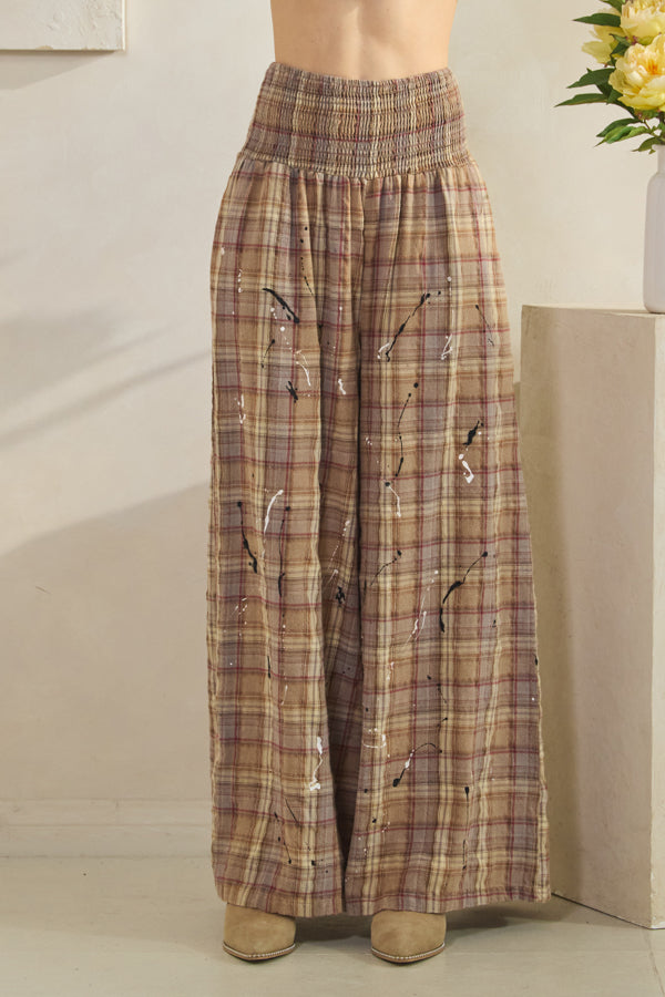 WASHED PLAID SMOCKED WAIST WIDE LEG PANTS