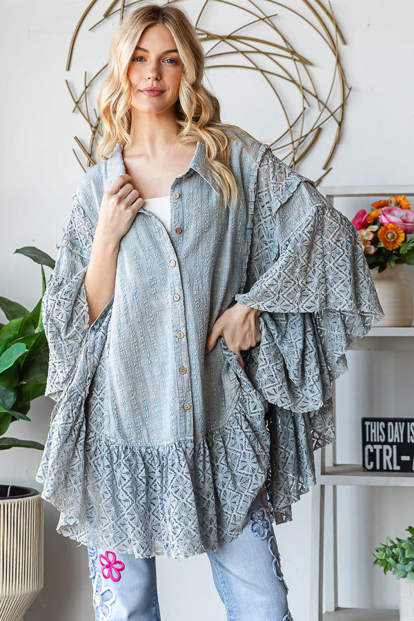 WASHED LACE RUFFLE HEM BUTTON FRONT SHIRT