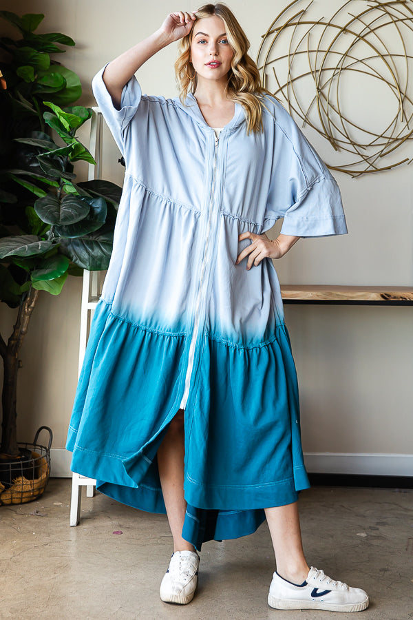 DIP DYE SHORT SLEEVE HOODED ZIP UP LONG CARDIGAN