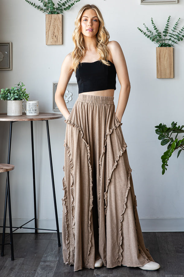 RUFFLE DETAIL WIDE LEG FLARE PANTS