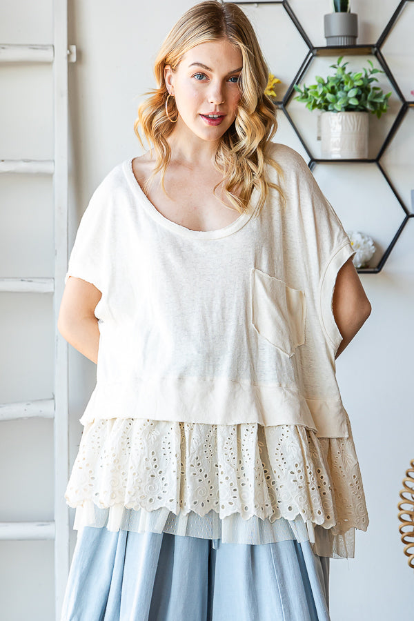 WASHED LAYERED RUFFLE EYELET LACE HEM PEPLUM TOP