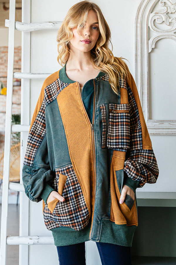 WASHED COLORBLOCK ZIP FRONT BOMBER TERRY JACKET