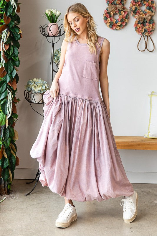 WASHED SLEEVELESS BUBBLE HEM MAXI TANK DRESS