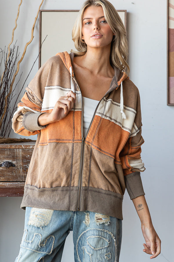 WASHED COLORBLOCK HOODED SOFT THERMAL JACKET