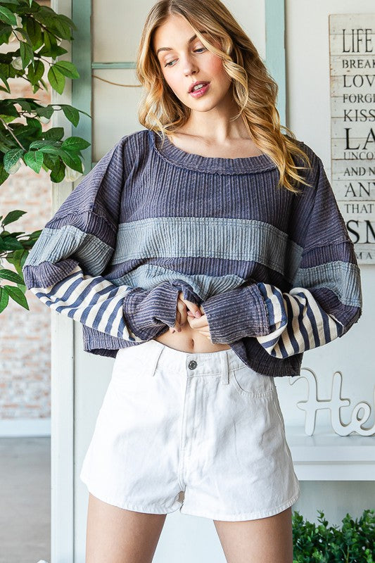 MIX MEDIA STRIPED DETAIL LONG SLEEVE PULLOVER