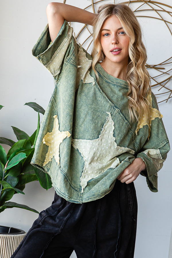 WASHED STAR PATCHWORK SHORT SLEEVE TOP