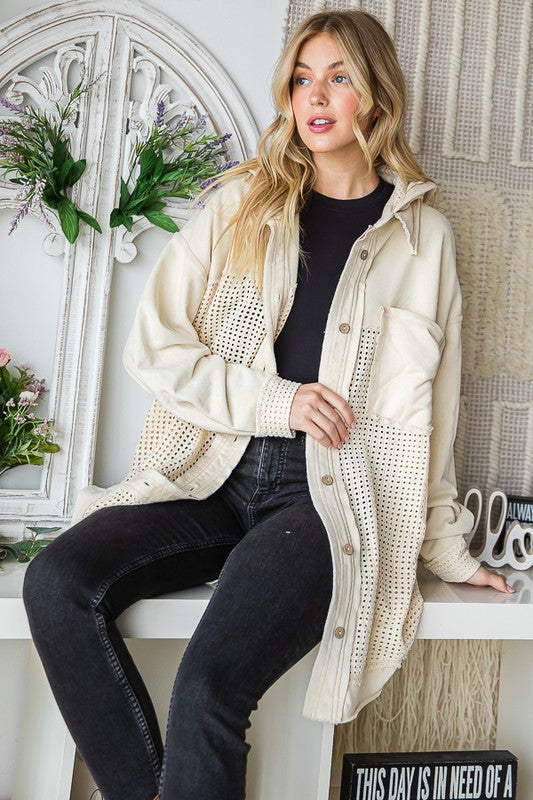 WASHED MIX MEDIA BUTTON DOWN HOODED SHACKET