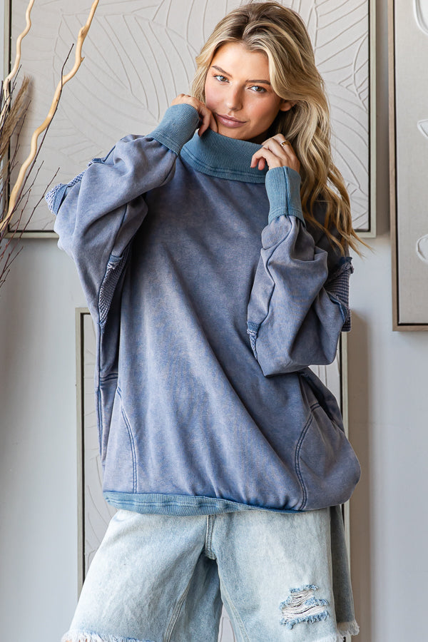 MINERAL WASHED FUNNELNECK LONG SLEEVE PULLOVER TOP