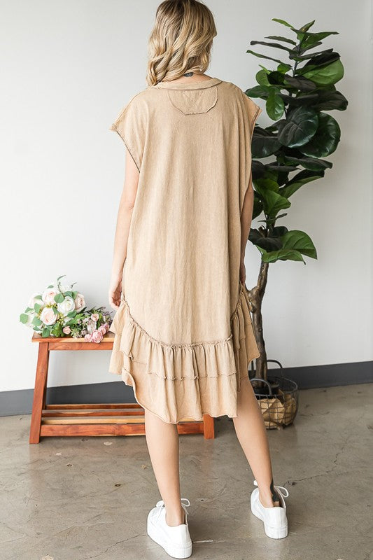 WASHED RUFFLE HEM SHORT SLEEVE TUNIC DRESS
