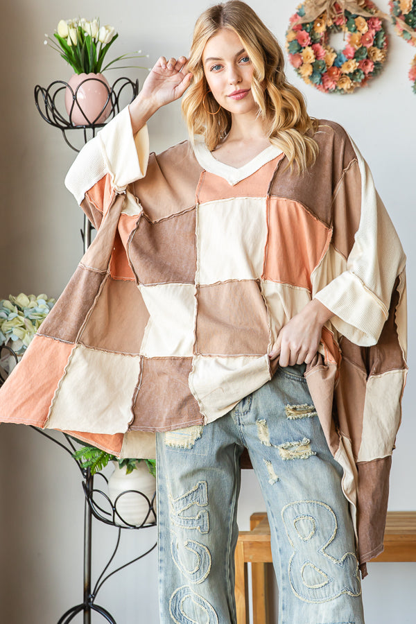 WASHED COLORBLOCK WIDE V NECK OVERSIZED TOP