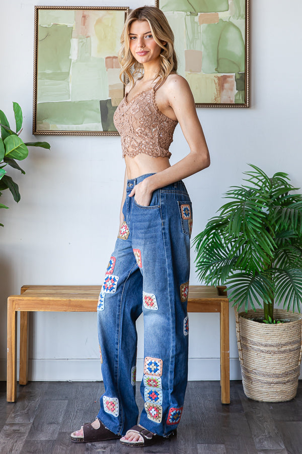 WASHED SQUARE CROCHET PATCHWORK DENIM JEANS