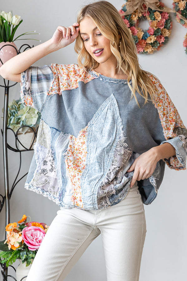 WASHED PRINT PATCHWORK SHORT SLEEVE TOP
