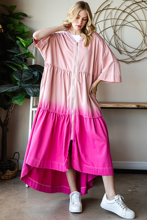 DIP DYE SHORT SLEEVE HOODED ZIP UP LONG CARDIGAN