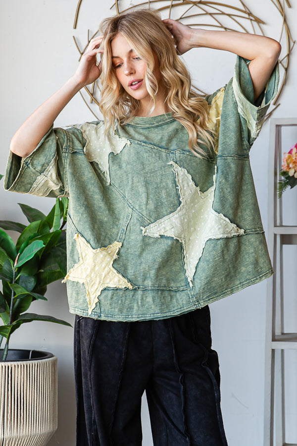 WASHED STAR PATCHWORK SHORT SLEEVE TOP