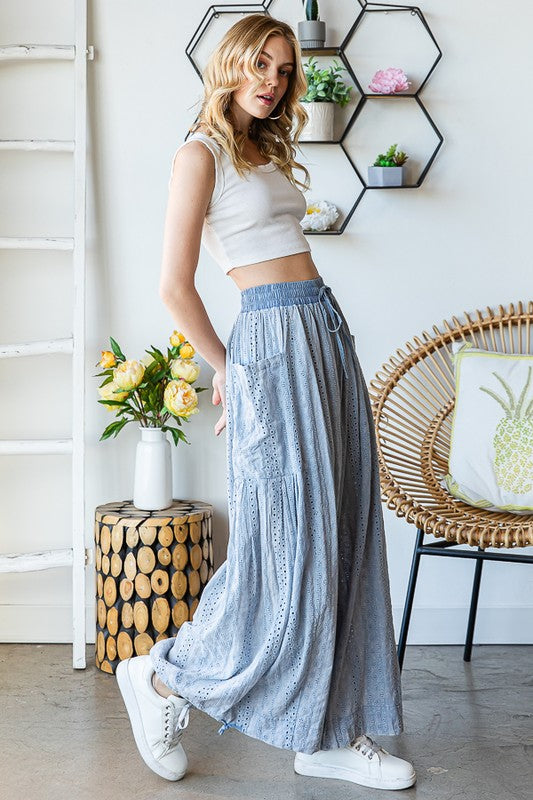MINERAL WASHED WIDE LEG EYELE KNIT PANTS