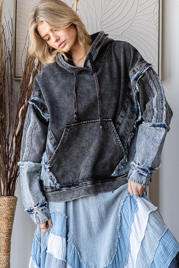 WASHED MIXED DENIM HOODED PULLOVER TOP