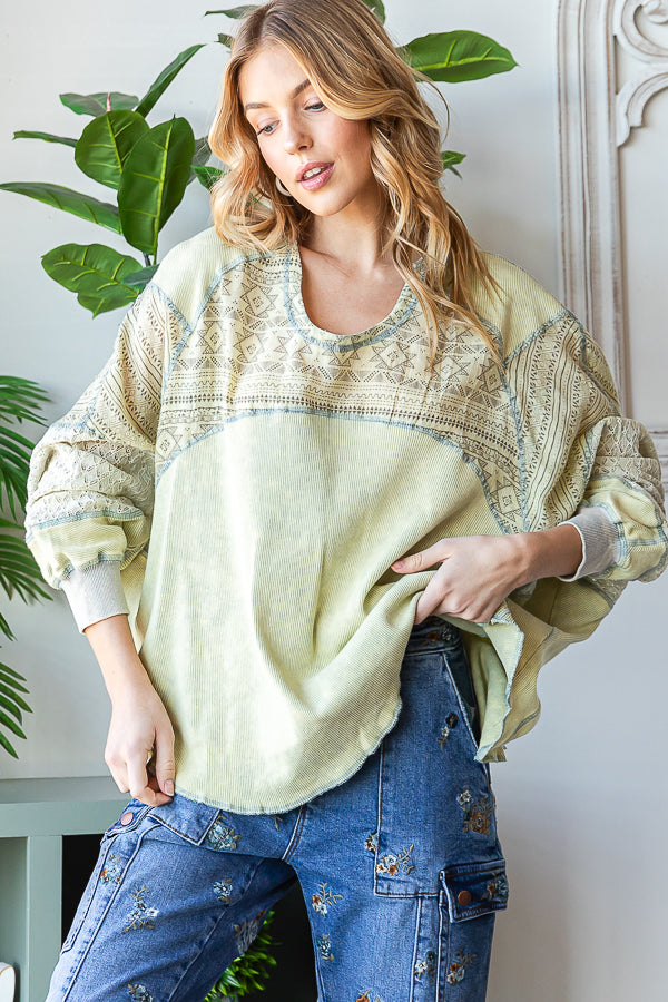 WASHED LACE CONTRAST YOKE LONG SLEEVE TOP
