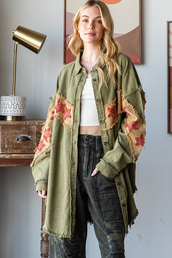WASHED STAR PATCHWORK BUTTON DOWN SHACKET