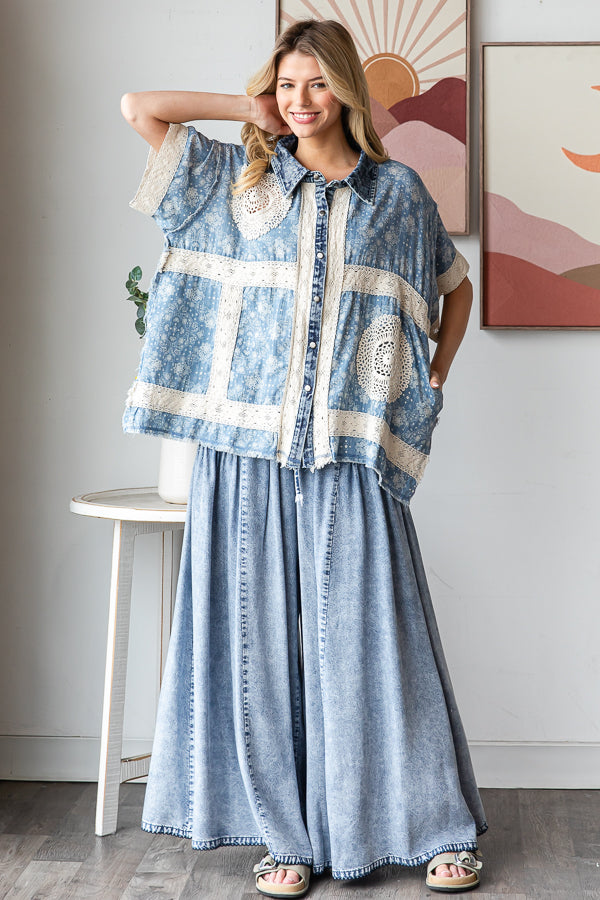 WASHED CROCHET PATCHWORK BUTTON DOWN SHIRT