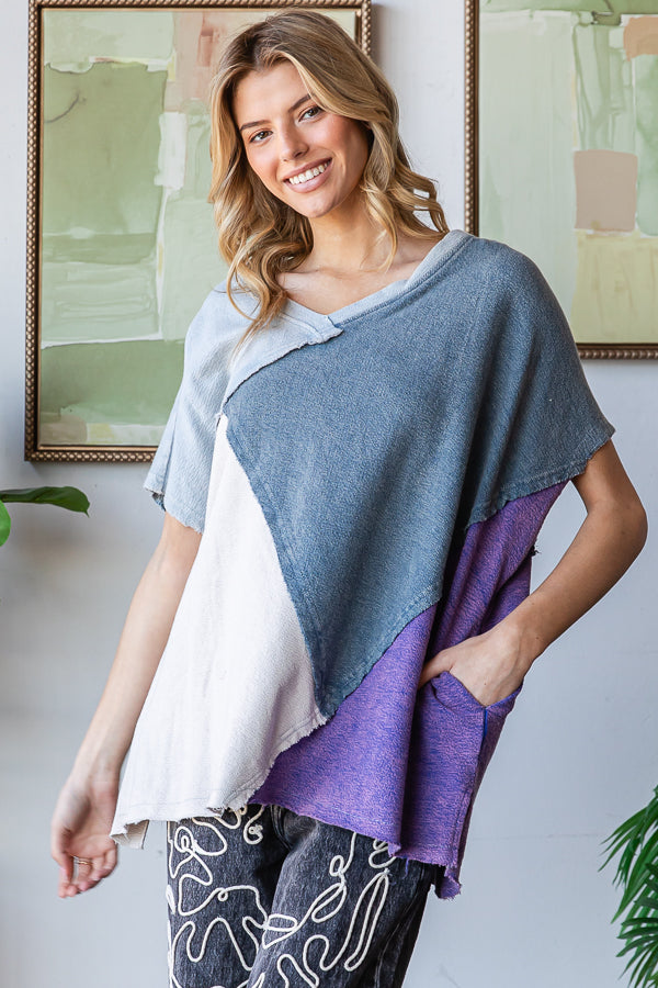WASHED COLORBLOCK WIDE V NECK SHORT SLEEVE TOP