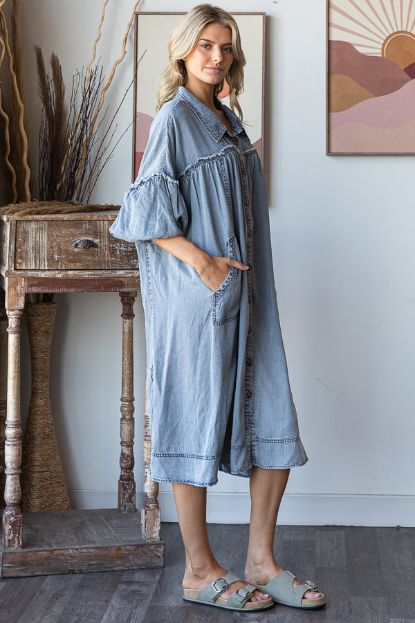 WASHED BUBBLE SHORT SLEEVE TENCEL SHIRT MIDI DRESS