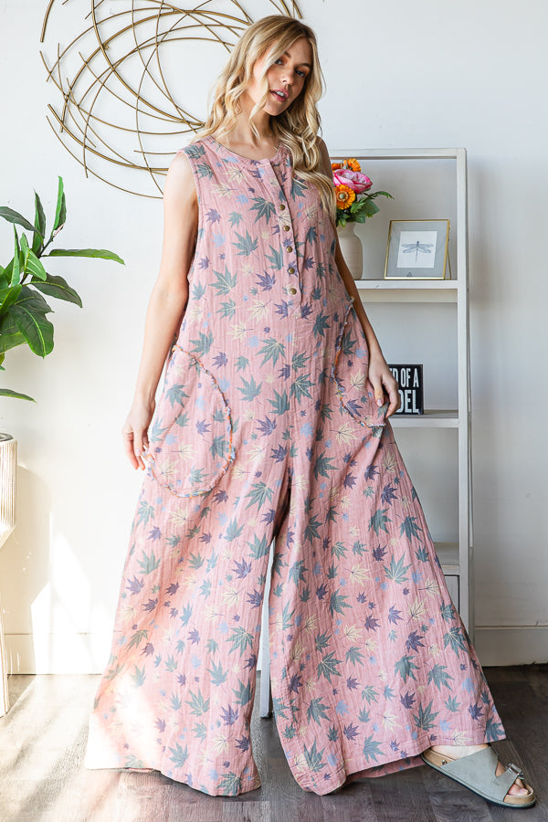 WASHED SLEEVELESS PRINTED REVERSIBLE JUMPSUIT