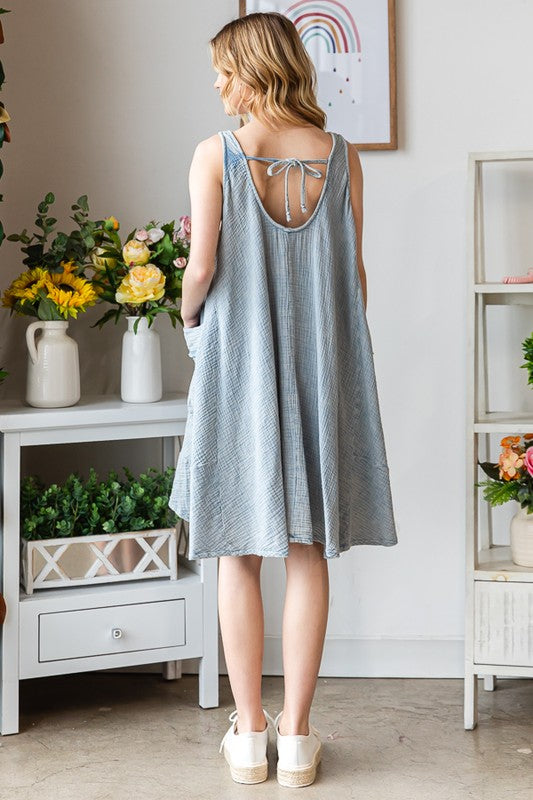 MINERAL WASHED SIDE POCKET FLARE HEM TANK DRESS