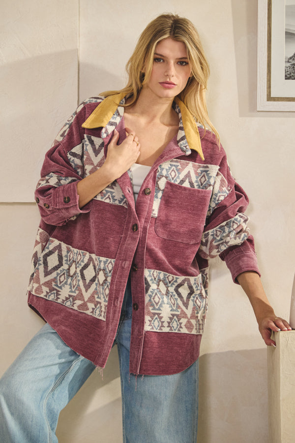 WASHED AZTEC PRINTED MIXED BUTTON DOWN SHACKET