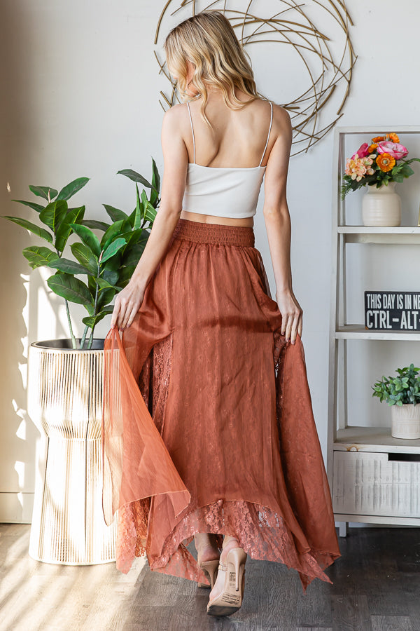 CHIFFON LACE MIXED OVERLAY A-LINE MIDI SKIRT
