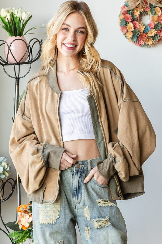 MINERAL WASHED ZIPPER FRONT BOMBER JACKET