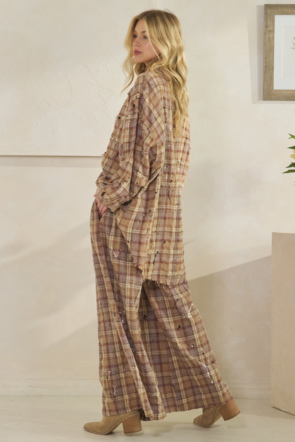 WASHED PLAID SMOCKED WAIST WIDE LEG PANTS