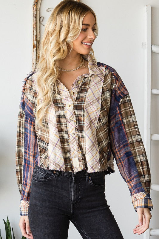 MIXED PLAID COLLAR NECK LONG SLEEVE CROPPED SHIRT