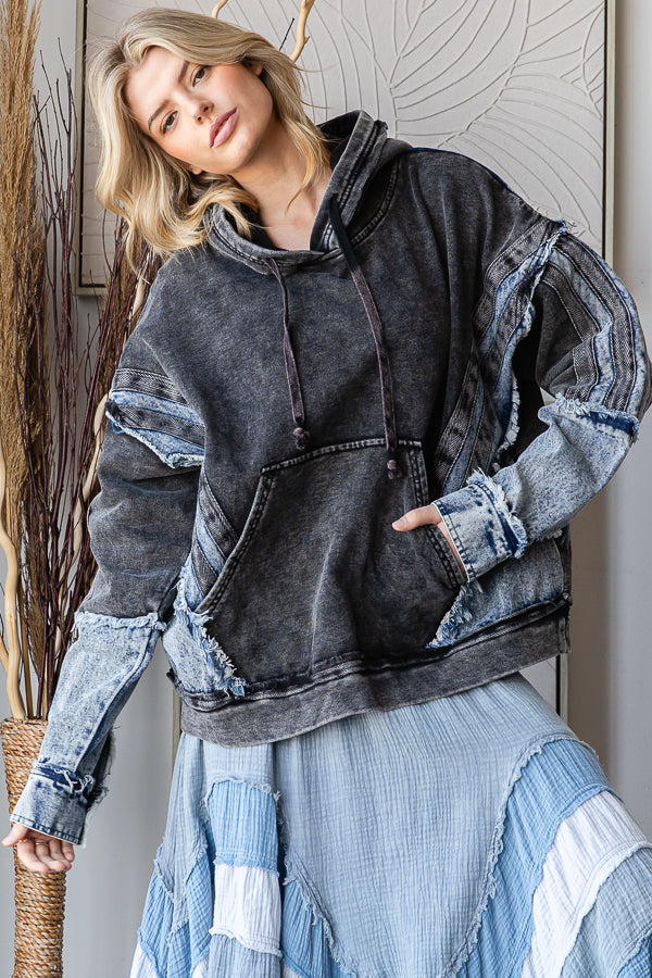 WASHED MIXED DENIM HOODED PULLOVER TOP