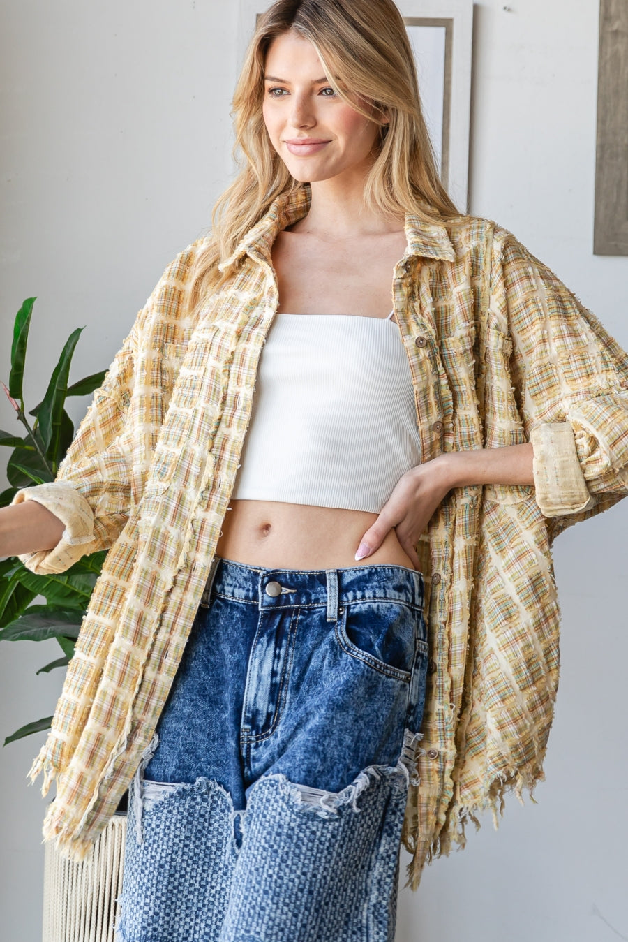 WASHED PLAID MIXED BUTTON DOWN SHIRT TOP
