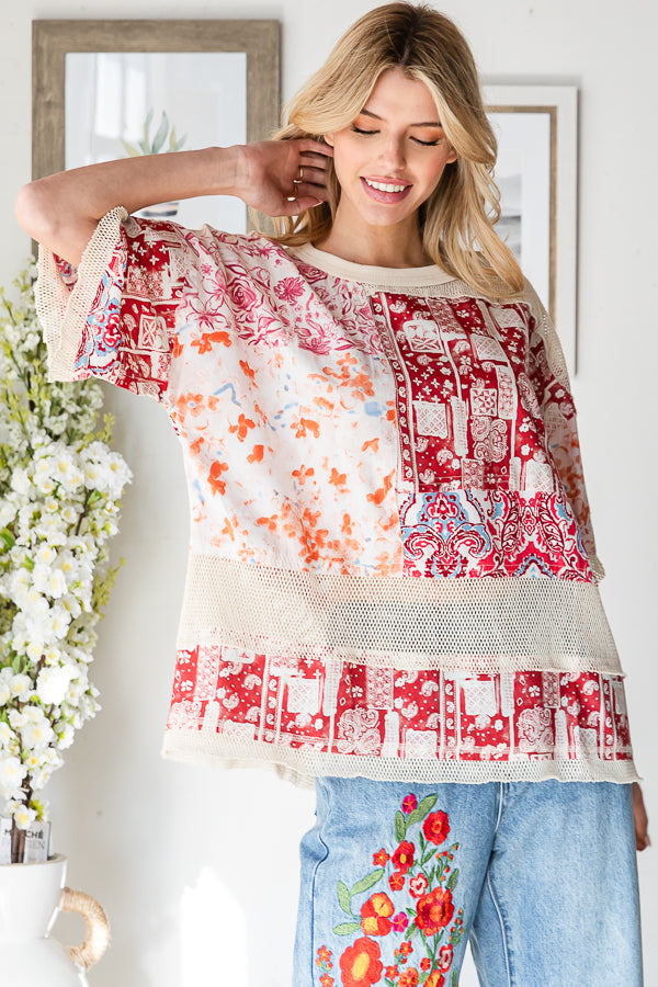 MIXED PRINT MESH CONTRAST RELAXED TOP