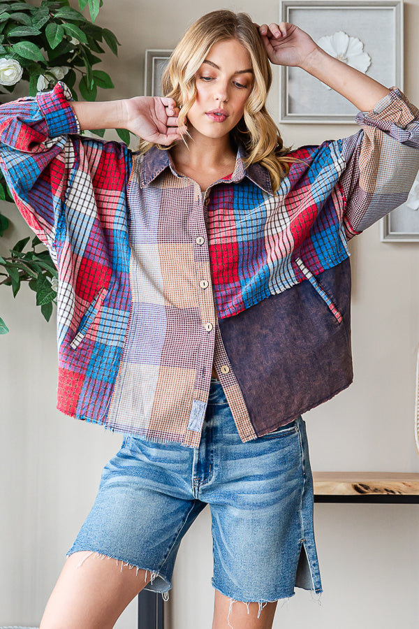WASHED MULTICOLOR PLAID MIXED LONG SLEEVE SHIRT