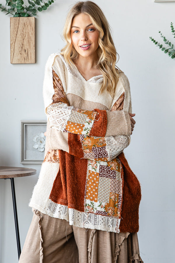 COLOR BLOCK PATCHWORK LONG SLEEVE PULLOVER HOODIE