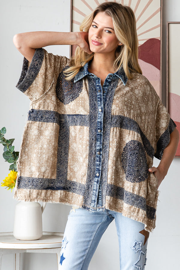 WASHED CROCHET PATCHWORK BUTTON DOWN SHIRT